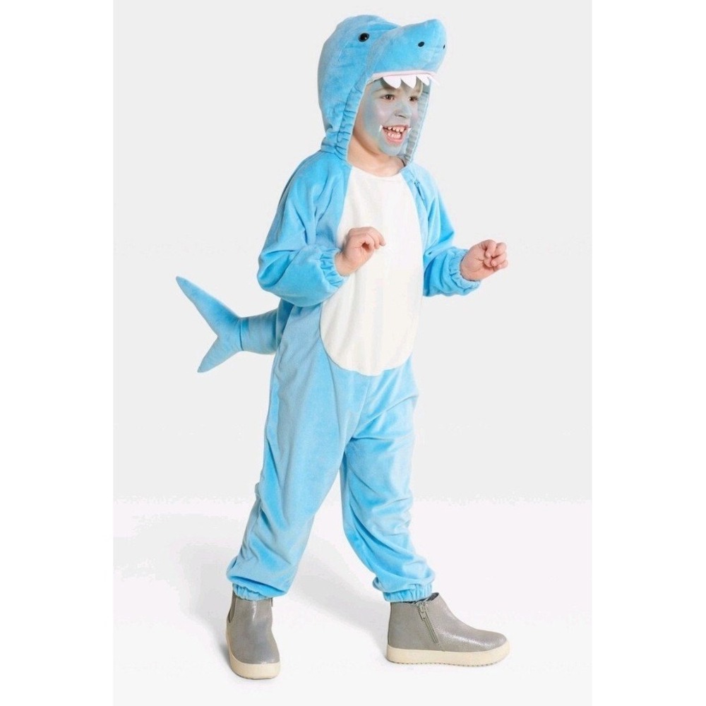 Kids Blue Shark Halloween Costume Plush Hooded Jumpsuit Toddler 2T-3T Boys Girls